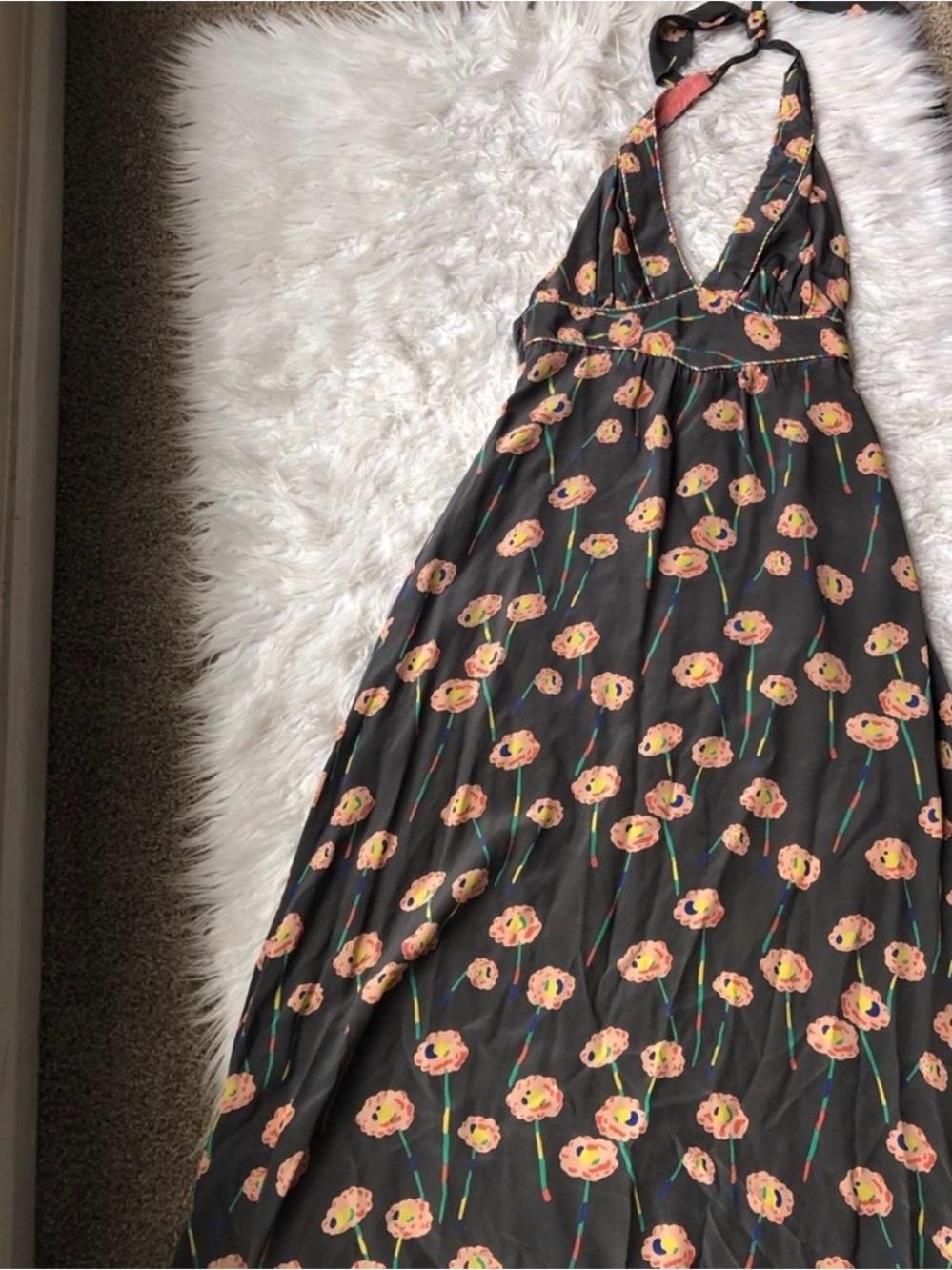 Corey Lynn Carter 100% Silk Grey Halter Maxi Dress with Peach Flowers